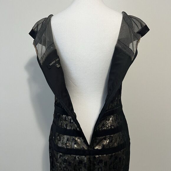 Tadashi Shoji Black Gold Sequin Mesh Illusion Cocktail Sheath Dress Size 8 - Picture 7 of 11